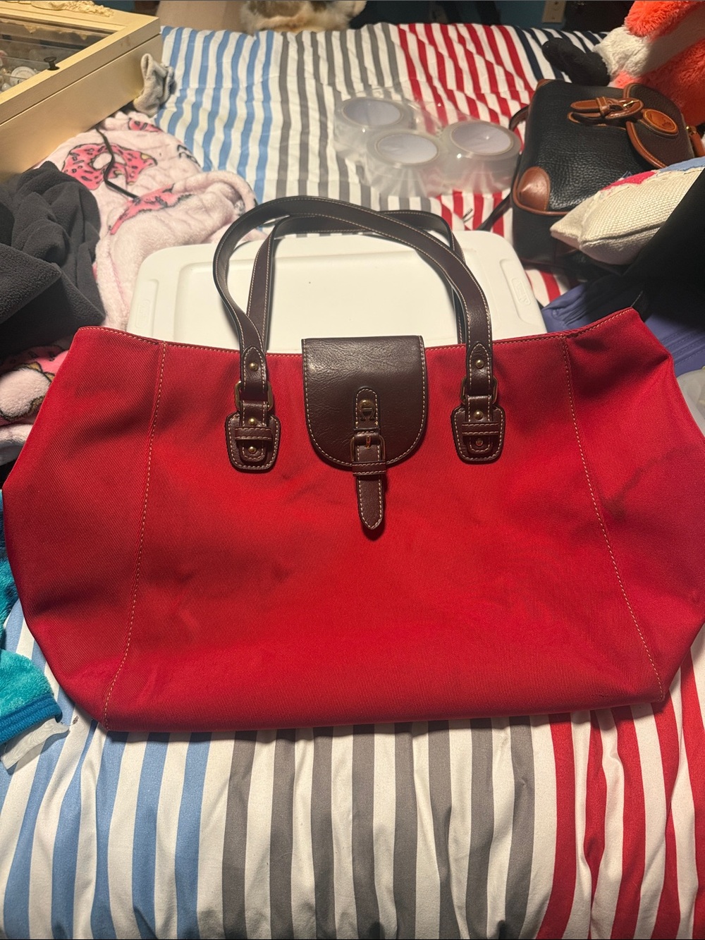 Etienne Aigner. Red Canvas Tote with Dark Brown Leather Trim